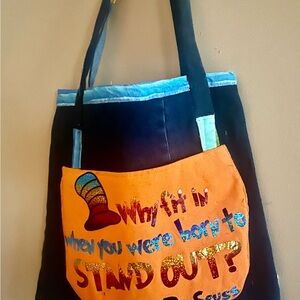 Denim bag Dr. Seuss purse cotton-lined, pockets, upcycled tee, book tote